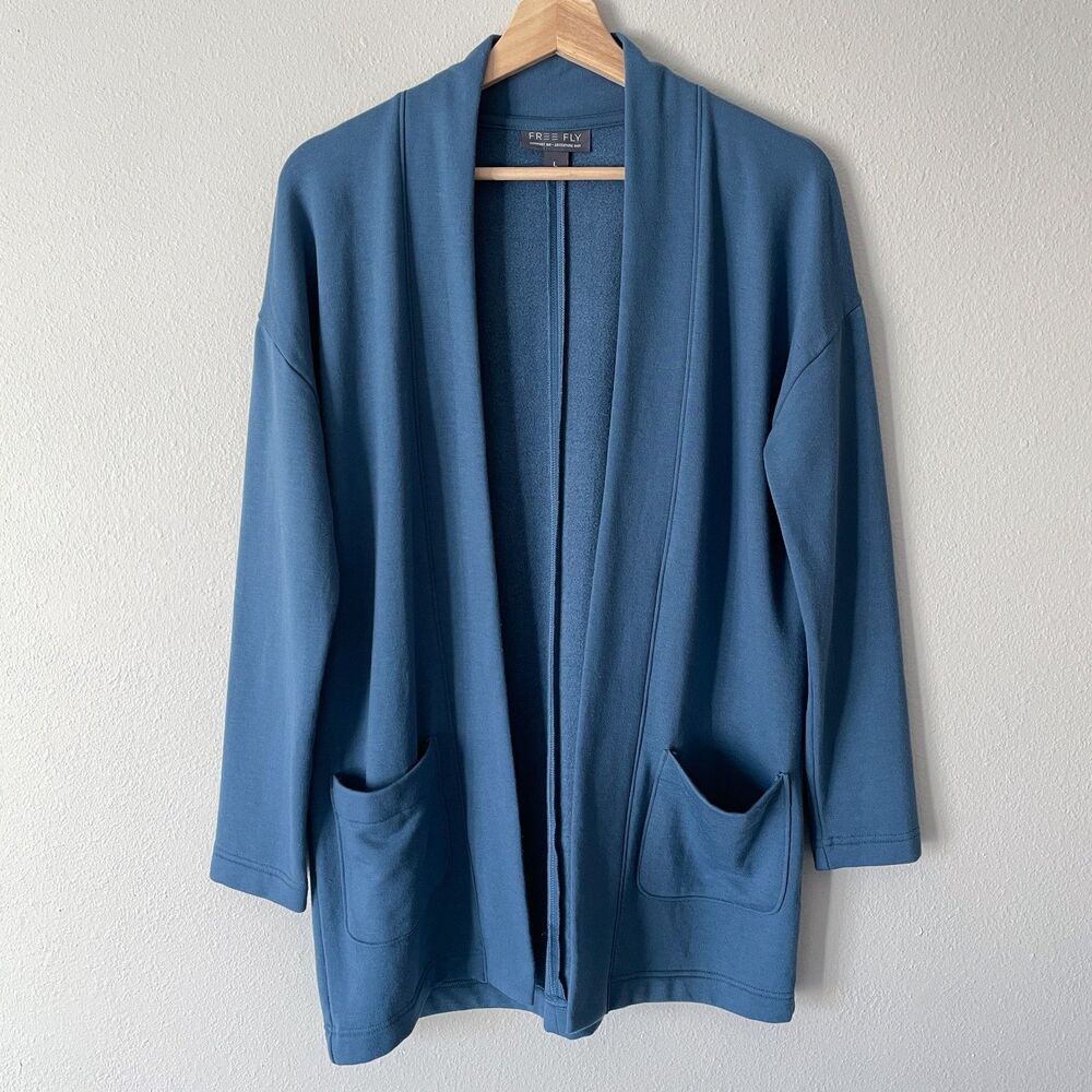 Free Fly Women's Thermal Fleece Cardigan Size L Heron Blue Bamboo Open Front